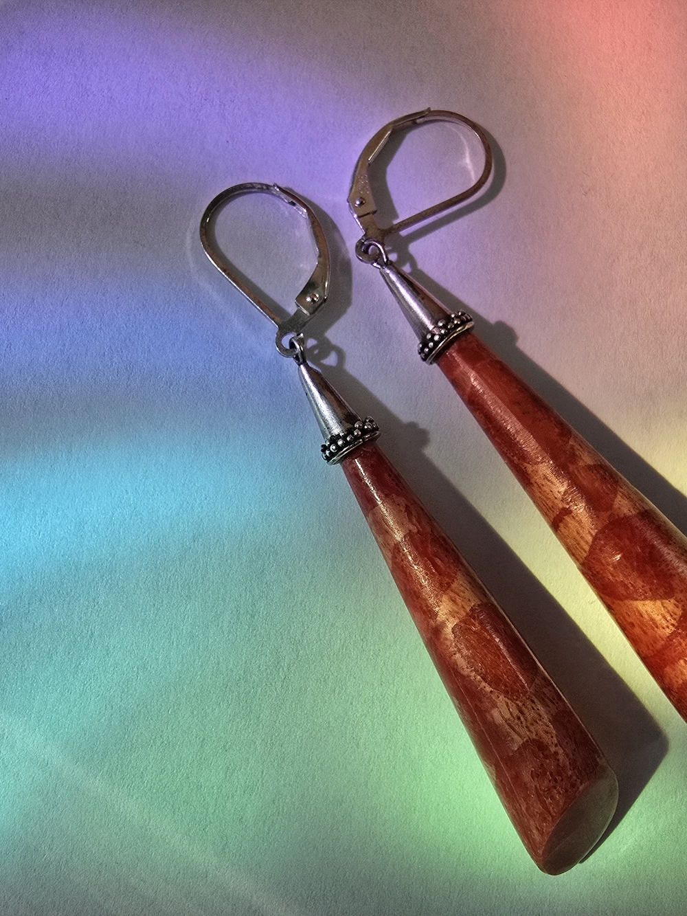 925 Sterling Silver Cool Red Sponge Coral Sterling Cone Drop Earrings